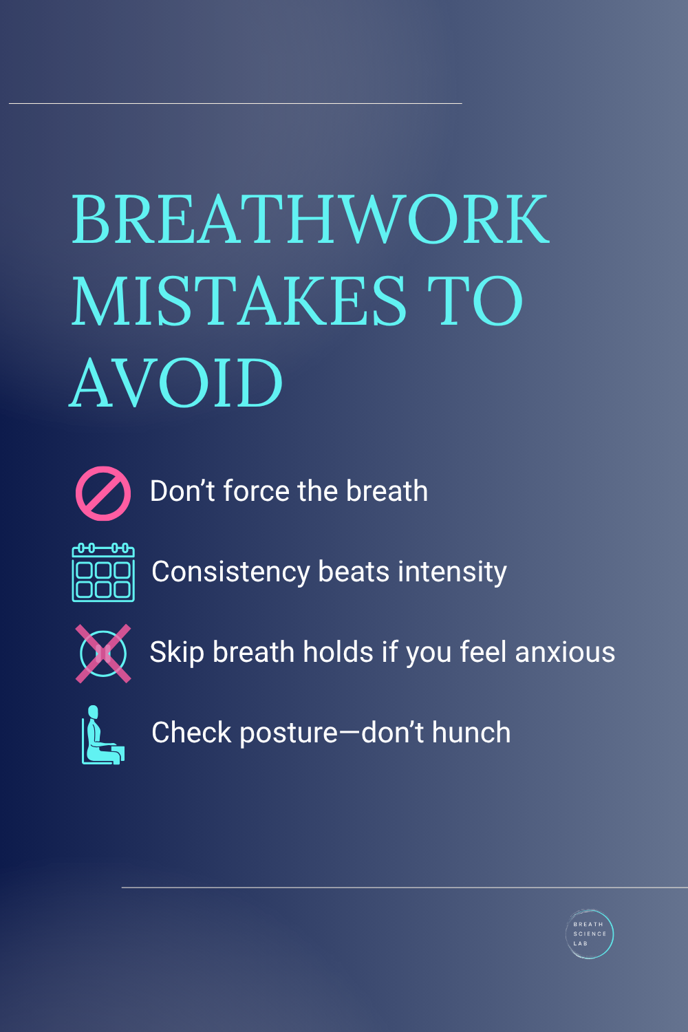 Infographic listing common breathwork mistakes to avoid for best results.