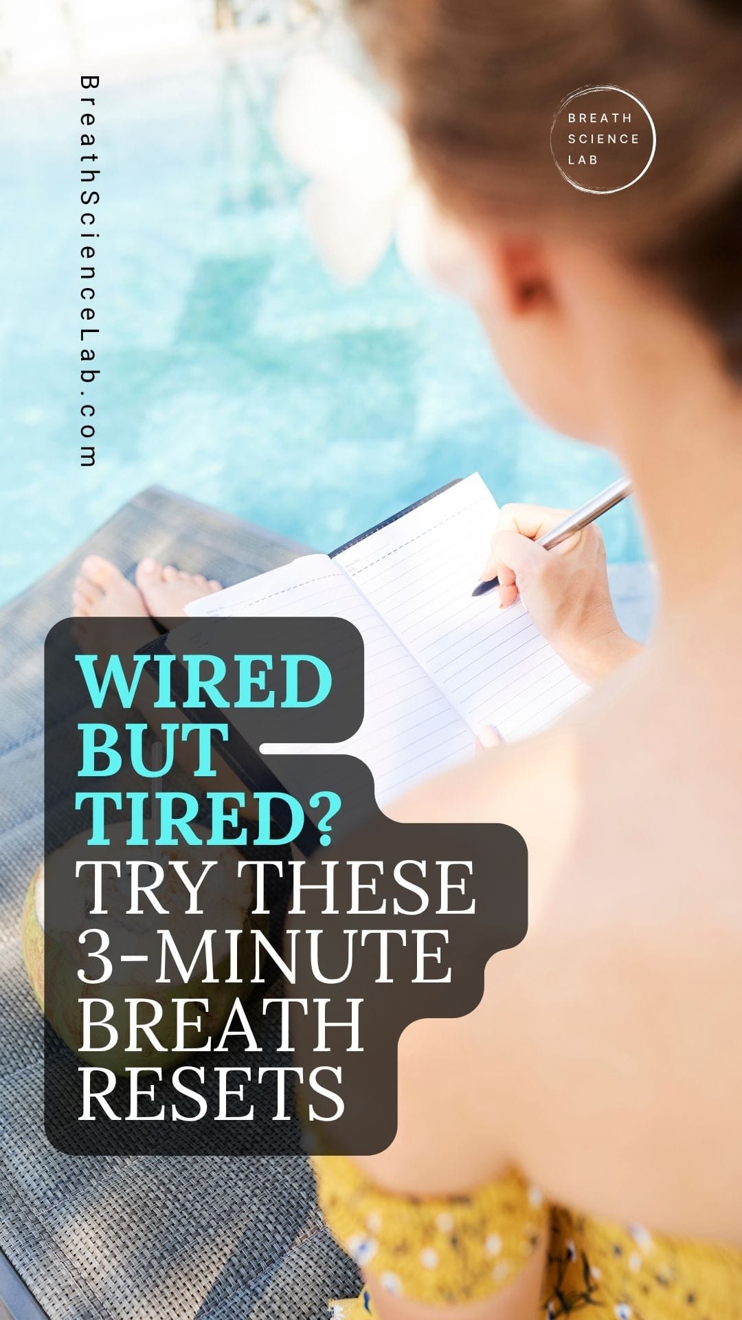 Stressed woman by window with overlay text about breath resets.