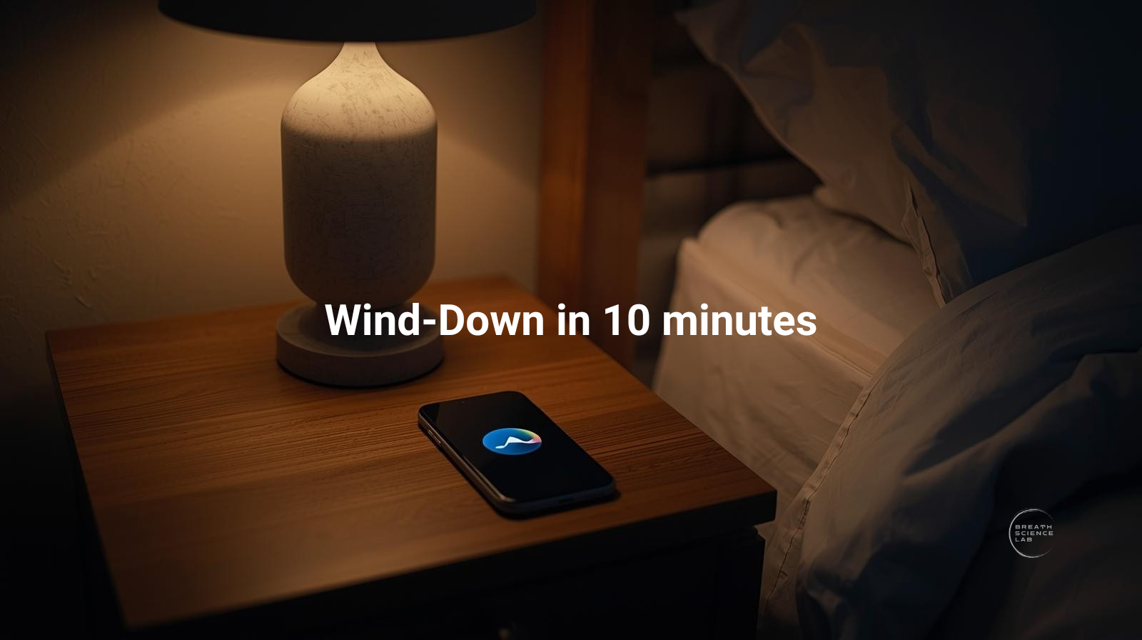 Bedtime wind-down visual showing even 5-5 breathing to smooth HRV before sleep.