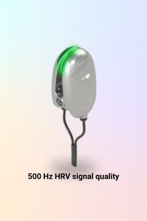 Closeup of ergonomic stainless-steel ear-clip HRV sensor designed for comfort and accurate 500 Hz capture.