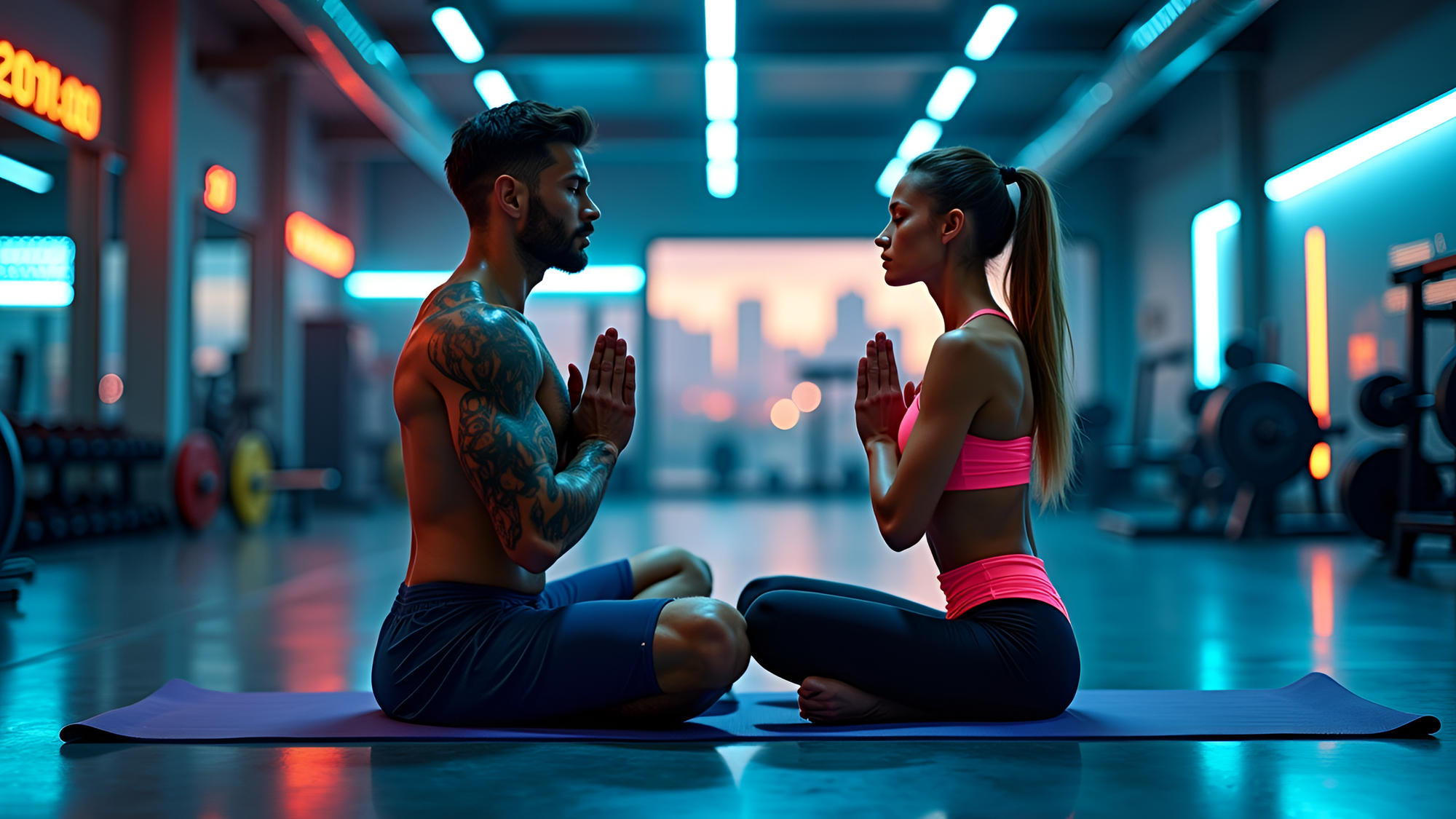 Two athletes practicing breathwork meditation post-workout in a modern gym setting, symbolizing parasympathetic recovery, nervous system reset, and inner calm.