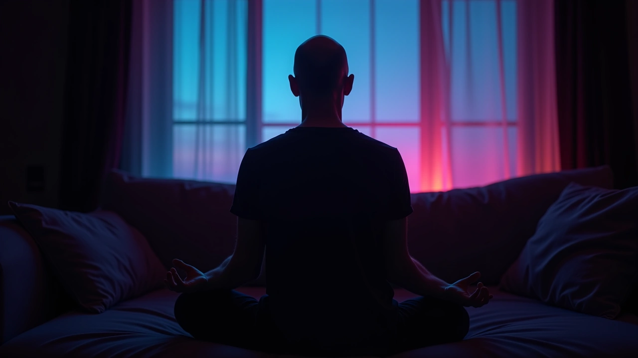 Person meditating at dawn in blue and magenta light, symbolizing a calming morning breathwork routine