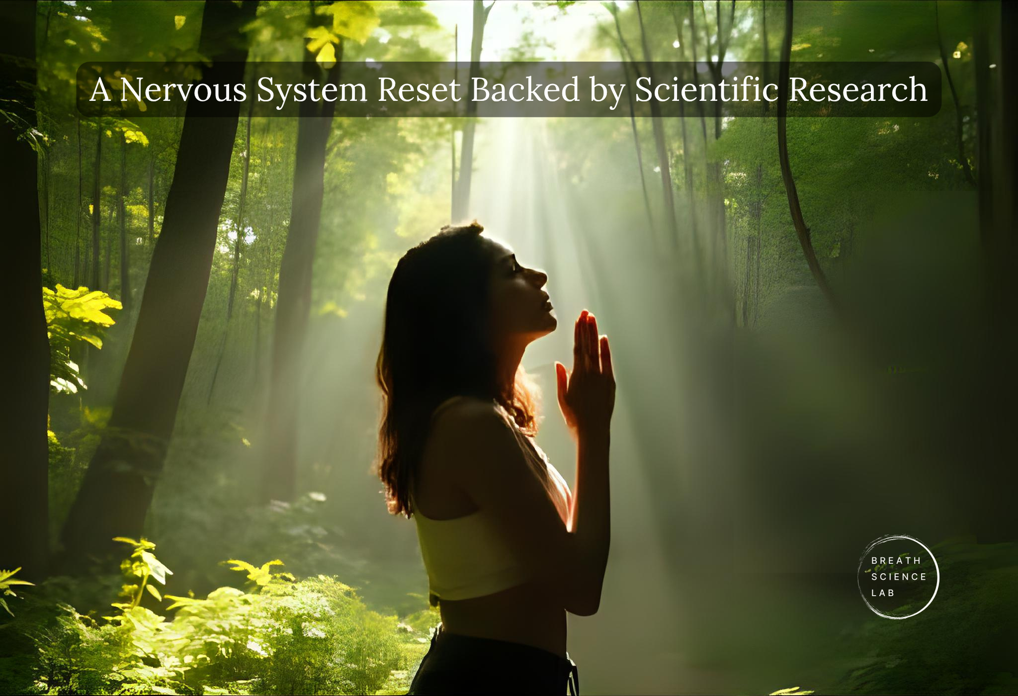 Woman in the forest taking a deep relaxed breath