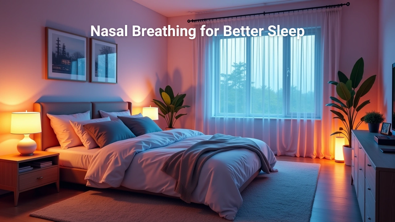 Cozy bedroom with soft lighting at sunset, promoting nasal breathing for better sleep and recovery.