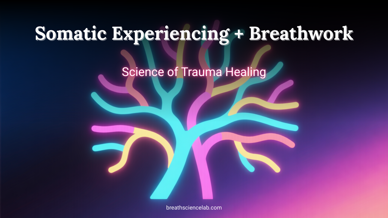 Abstract neon nervous system graphic with title text “Somatic Experiencing + Breathwork: Science of Trauma Healing."