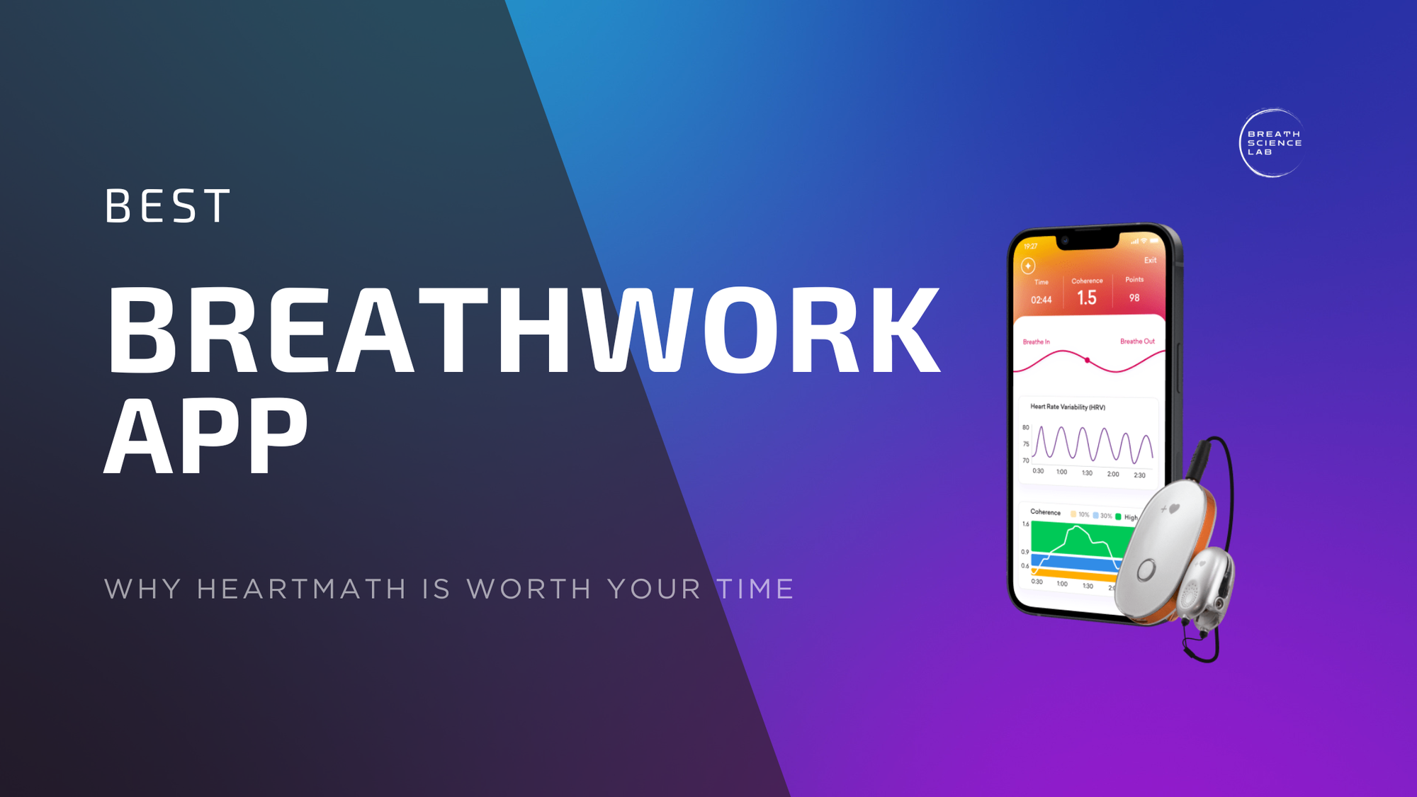 HeartMath app with HRV coherence graph and ear-clip sensor on a blue-purple gradient background, titled “Best Breathwork App: Why HeartMath Is Worth Your Time.”