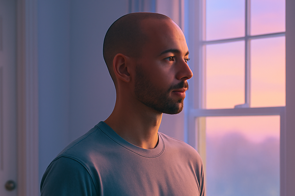 Calm man standing in morning light, holding coffee and grounding himself with breath before the day begins.