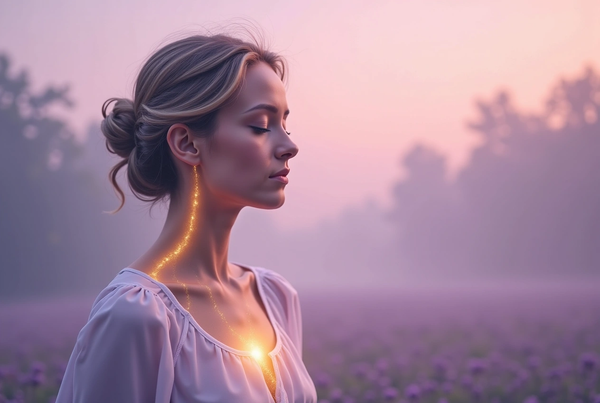 Woman standing calmly at sunrise in a lavender field, with glowing light tracing the vagus nerve from her neck to chest, symbolizing inner peace and parasympathetic activation