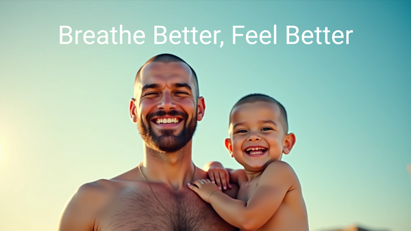 Gentle waves, flowing lines, or soft light patterns moving in and out of a stylized silhouette, symbolizing airflow and calm