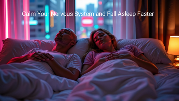 Couple relaxing in bed with soft lighting and the text 'Calm Your Nervous System and Fall Asleep Faster,' representing breathwork techniques for improved sleep quality.