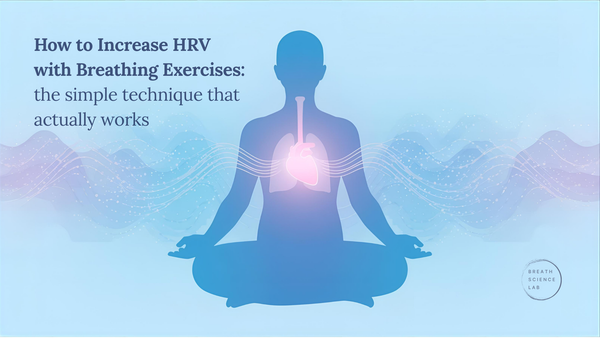 Calming digital illustration of a person with glowing heart and lungs, aqua and lavender waves showing breath connected to heart rate variability.