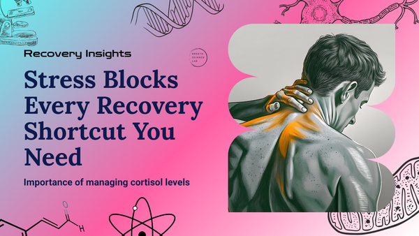 Digital illustration of a man with tense shoulders and glowing neck muscles, set on a gradient background with science icons, symbolizing how stress and cortisol block the body’s recovery.