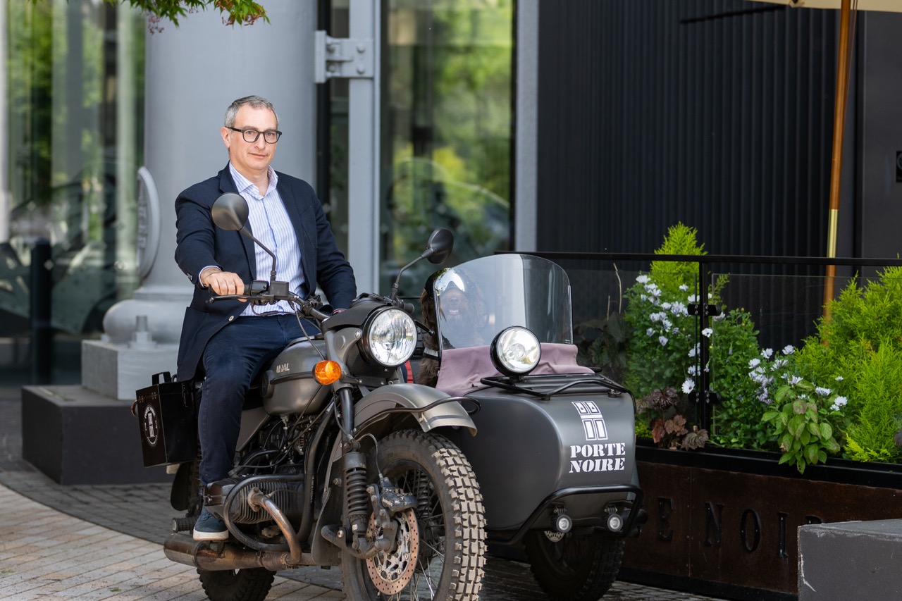 David Farber on his classic motorbike and sidecar