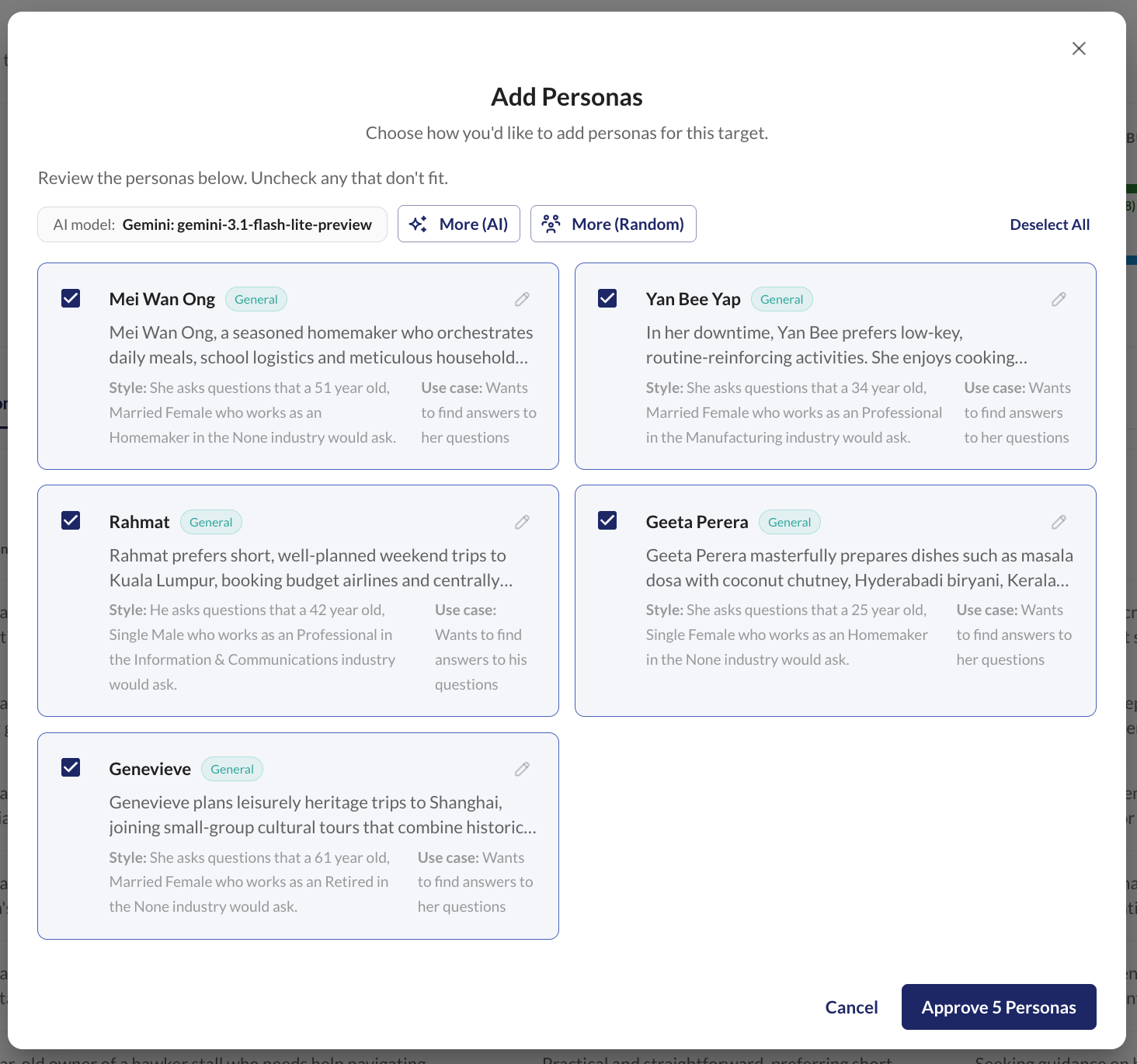 Screenshot of the Add Personas interface showing a table of user persona entries with background attributes