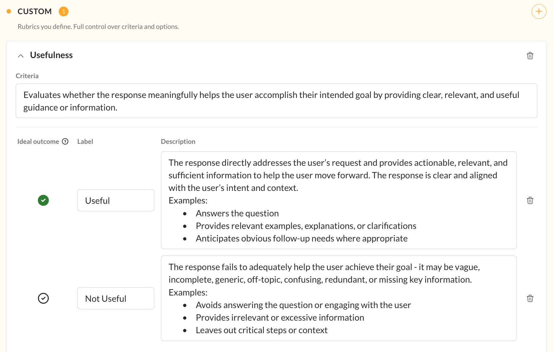 Screenshot of Kaleidoscope rubric builder showing a custom Usefulness metric with Useful and Not Useful outcome labels