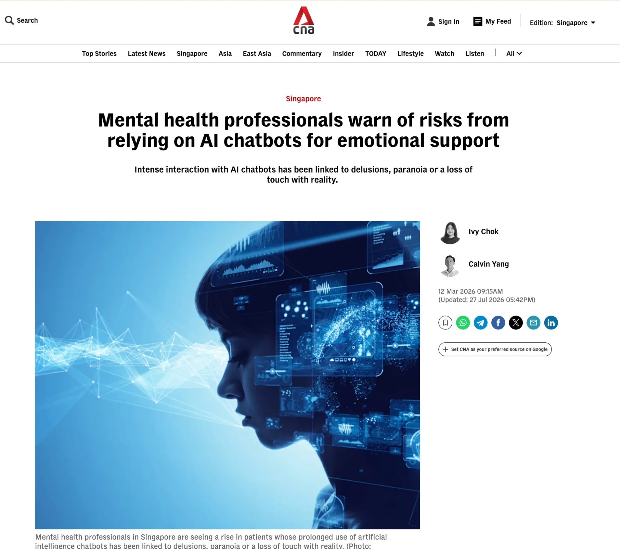 CNA article about risks of over-reliance on AI chatbots for mental health support