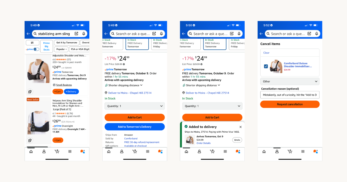 Four-panel screenshot showing Amazon’s “Add to Delivery” button, product detail page, instant charge toast notification, and cancellation screen—illustrating how the redesigned flow continues to obscure functionality.