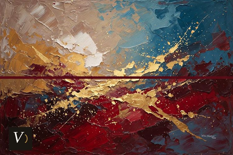 An abstract palette-knife painting: a deep crimson and burgundy field below, clear teal-blue above, seams and flecks of gold leaf crossing both, divided by one resolved horizontal line,