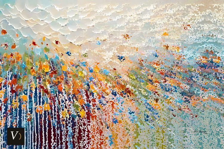An abstract painting: warm white light across the top, breaking over a dense field of coral, orange, teal and gold, deep blue threads rising at the left, the color of life returning at dawn.