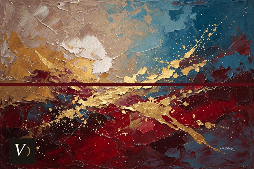 An abstract palette-knife painting: a deep crimson and burgundy field below, clear teal-blue above, seams and flecks of gold leaf crossing both, divided by one resolved horizontal line,