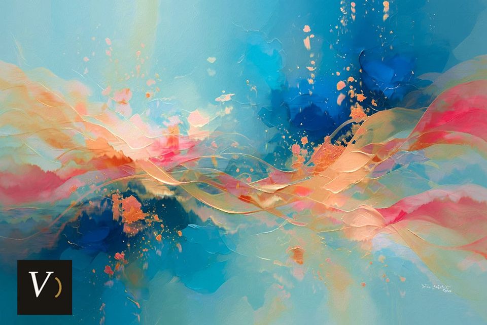 An abstract painting: warm fields of amber, wheat and soft green, two currents moving together across the surface, the color settled and restful, the sense of a weight carried side by side.
