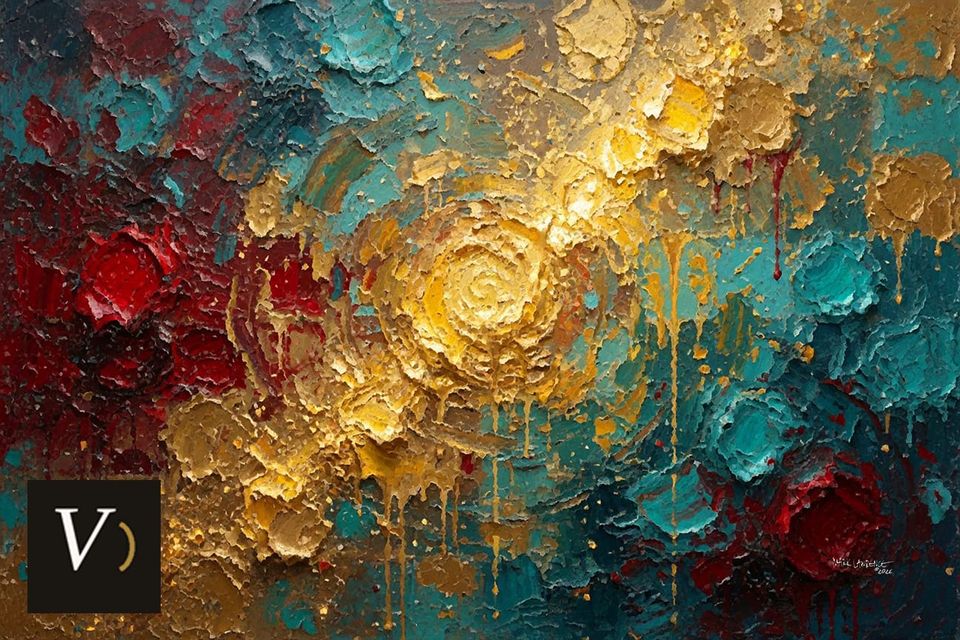 Abstract painting of dawn over ash: warm rose gold light rising over a charcoal ground, first light over an old dark.