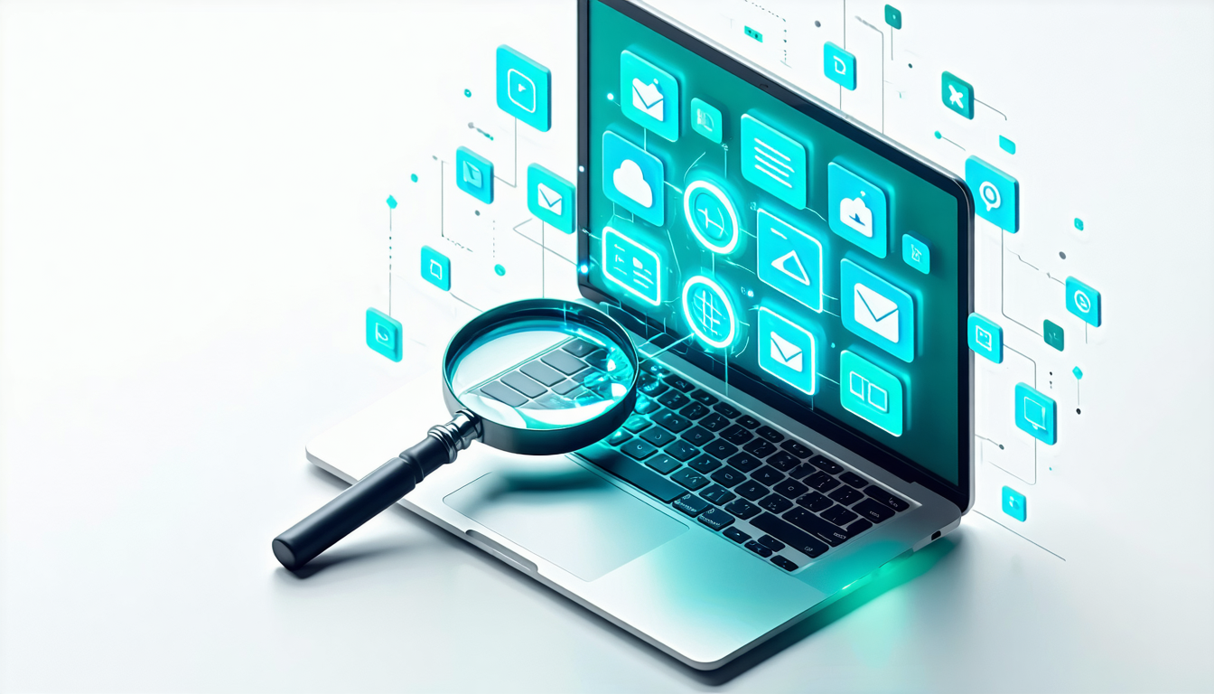 Isometric 3D illustration of a magnifying glass hovering over a laptop computer with floating software app icons being detected and highlighted in indigo glow, on a bright white background with emerald accent elements, no text, no letters, no words, no numbers, text replaced with gray placeholder bars
