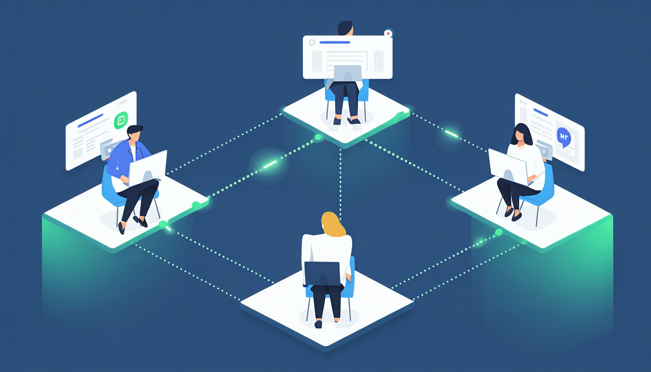 A clean isometric illustration showing four different people at desks connected by dotted lines to a central dashboard. Each person has a small badge icon indicating their role (HR, Finance, Team Lead, IT Admin). The color palette uses soft indigo and emerald tones with a white background. no text, no letters, no words, no numbers, text replaced with gray placeholder bars