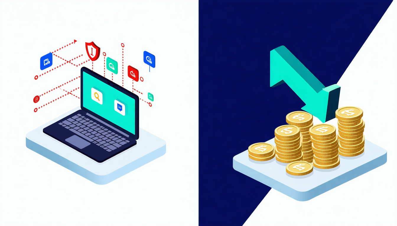 3D isometric split illustration: left side shows a floating laptop with a warning shield icon and red dotted connection lines to app icons (representing security risk from orphaned accounts), right side shows a stack of coins with a downward arrow indicating wasted cost, indigo and emerald color palette, bright white background, minimal flat style, soft shadows. no text, no letters, no words, no numbers, text replaced with gray placeholder bars