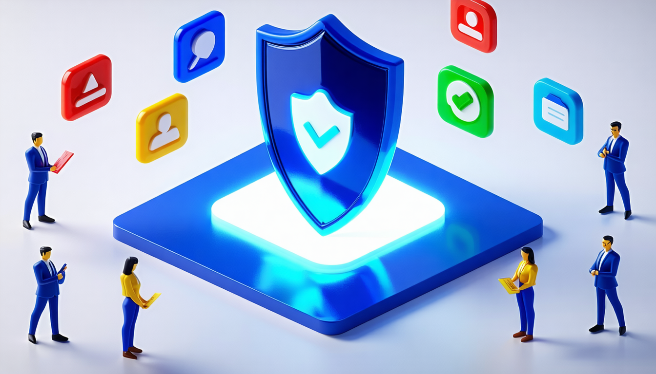 3D isometric illustration showing a large glowing shield in indigo color at center, surrounded by floating colorful app icons (some with red warning badges), small office worker characters standing around with clipboards, emerald green checkmarks appearing on approved icons, bright white background, clean minimal style, no text, no letters, no words, no numbers, text replaced with gray placeholder bars