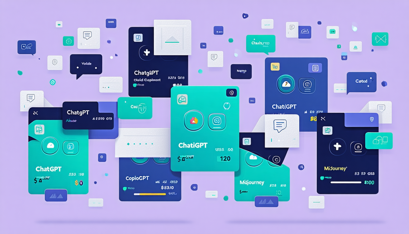A flat editorial illustration of fragmented AI app icons (ChatGPT, Claude, Copilot, Midjourney) scattered across different department cards, with costs hidden underneath, indigo and emerald palette on light purple background