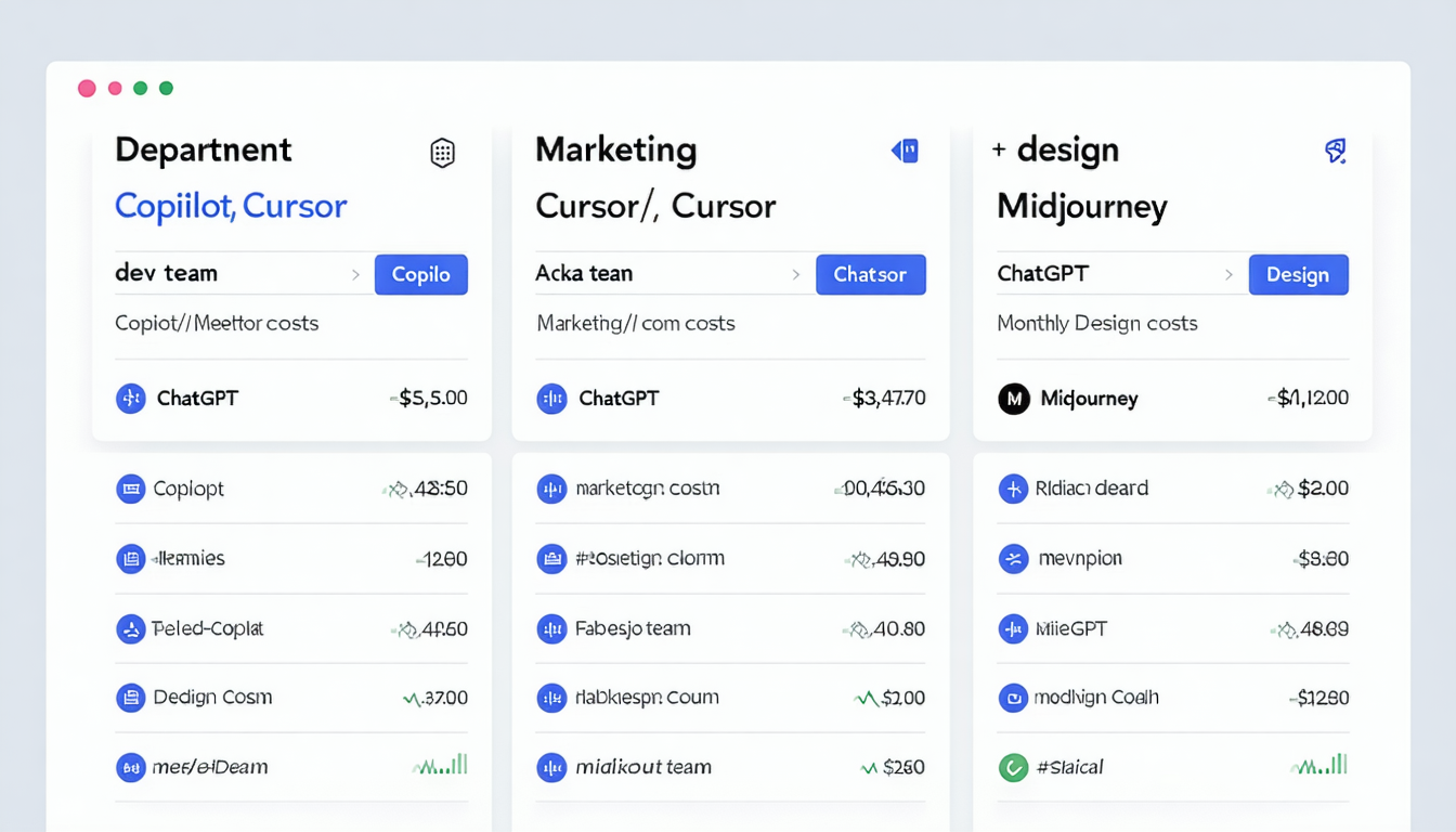 A clean dashboard screenshot illustration showing department-wise AI tool subscriptions (dev team: Copilot, Cursor / marketing: ChatGPT / design: Midjourney) with monthly costs per member, indigo UI on white background