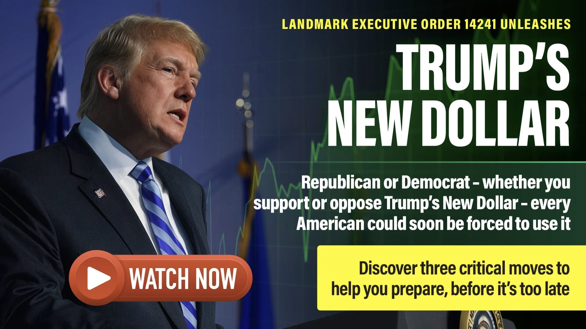 Donald Trump next to financial text