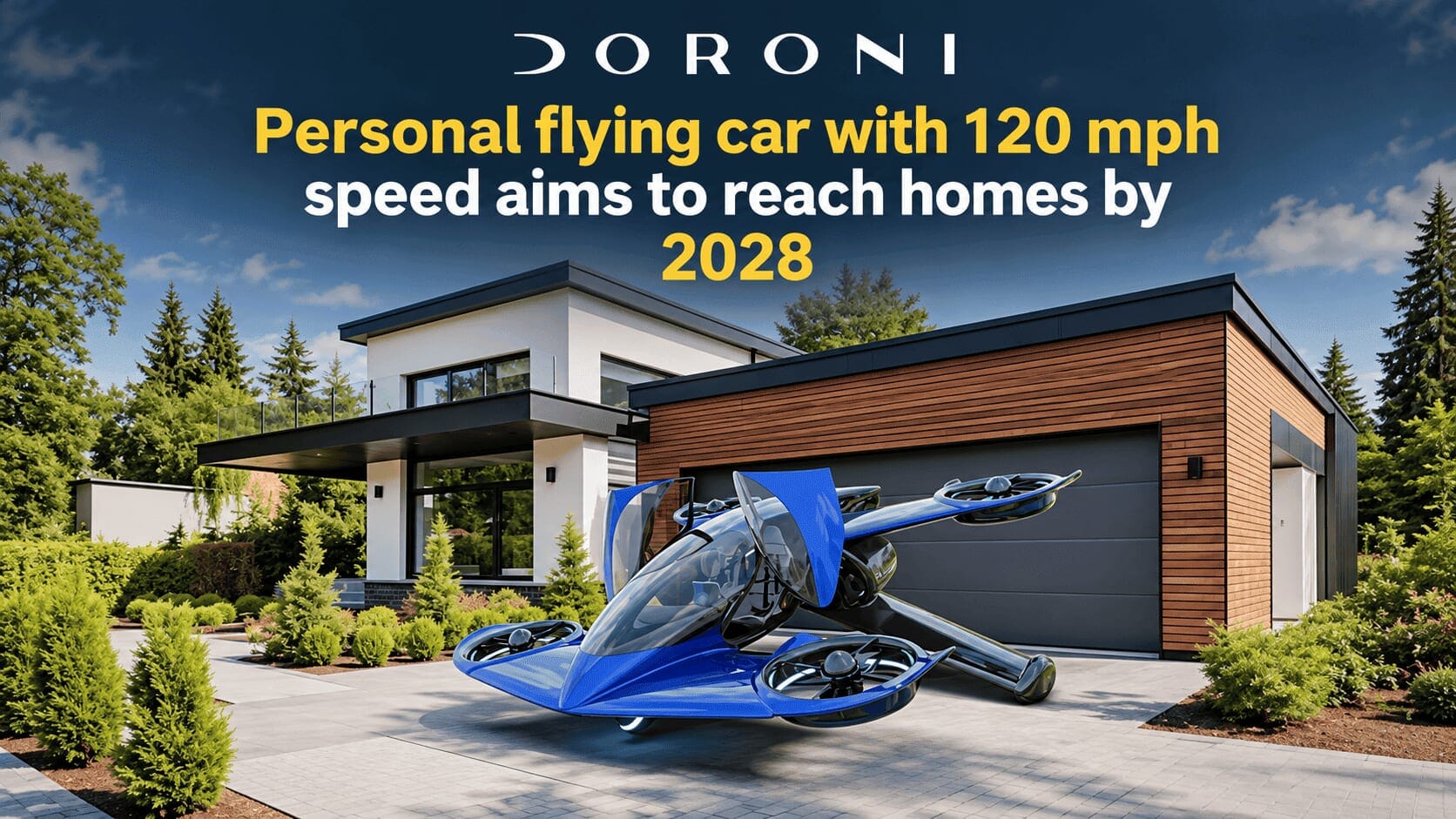 Futuristic blue flying car outside a modern house