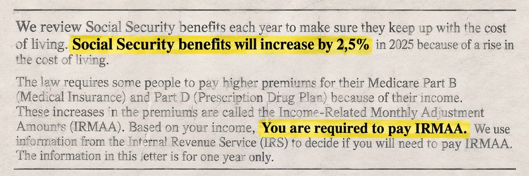 Social Security notice with highlighted text