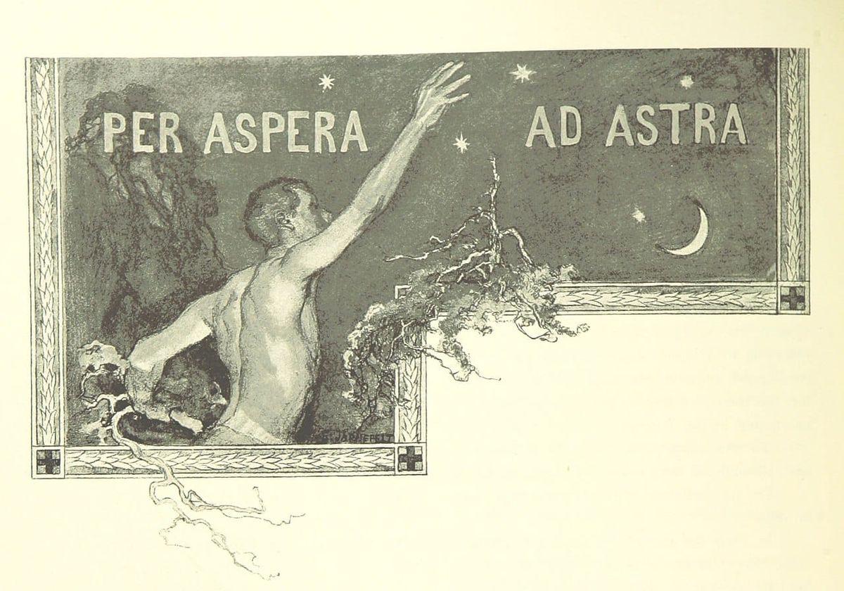 Illustration of man reaching up to night sky, with the Latin phrase "Per Aspera, Ad Astra" in background.