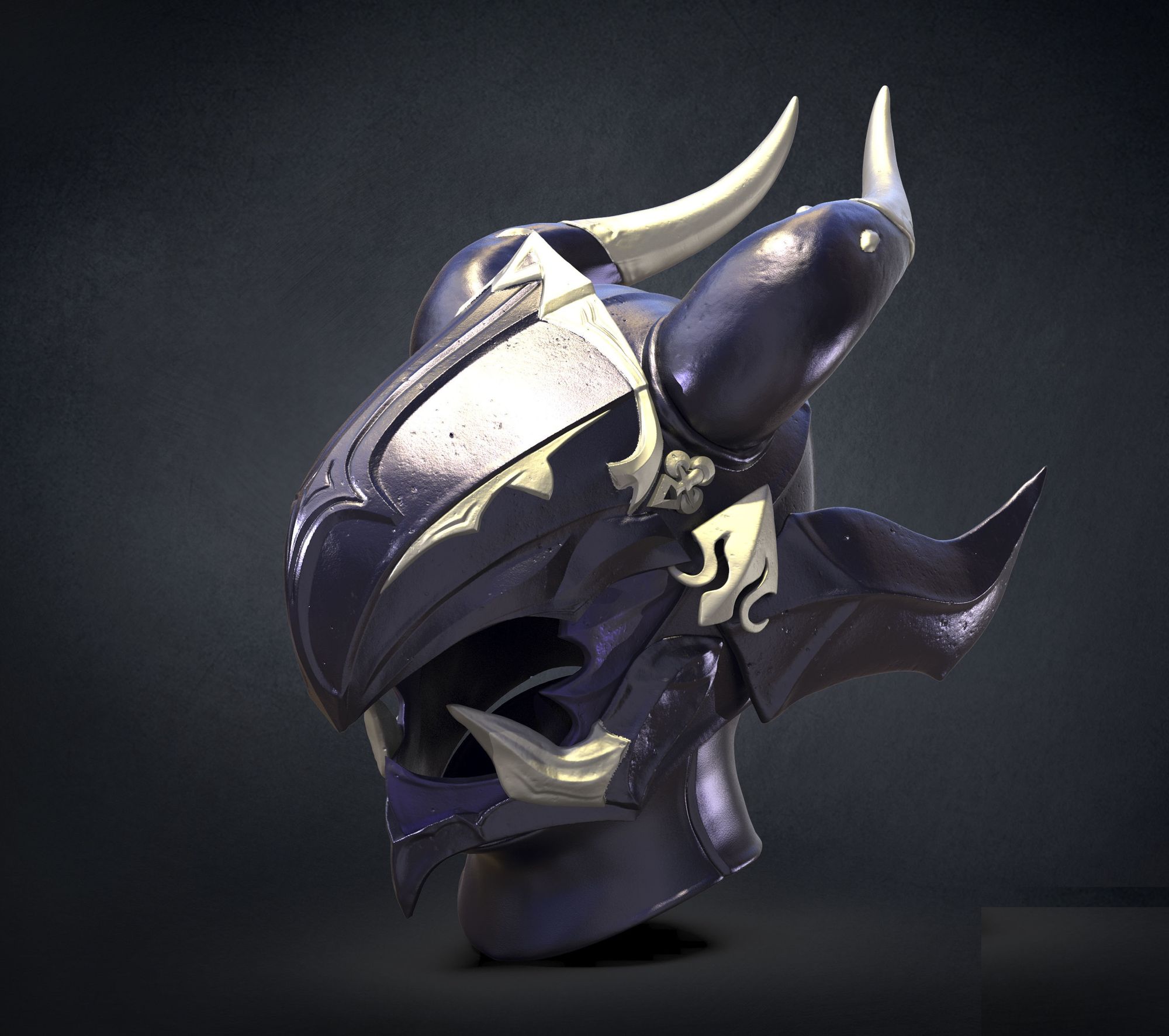 A statue of a bird with horns

Description automatically generated