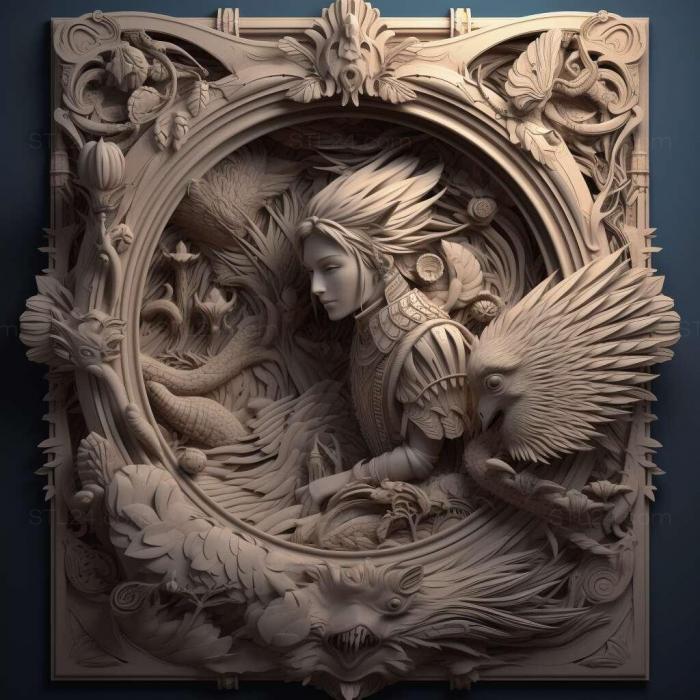 A sculpture of a person with wings and birds

Description automatically generated