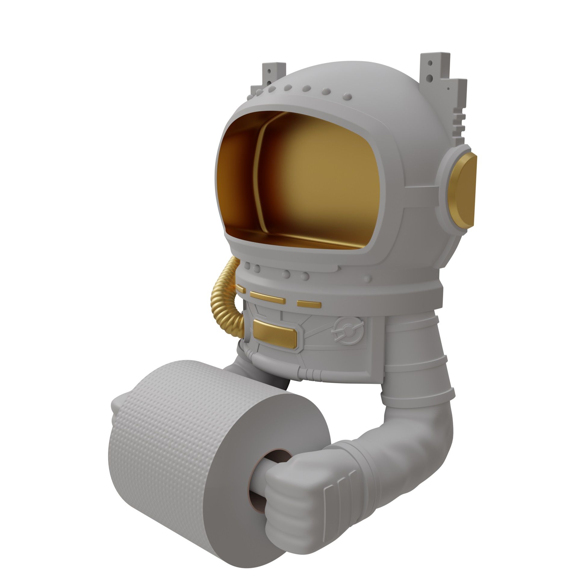 A white and gold toy robot holding a roll of toilet paper

Description automatically generated