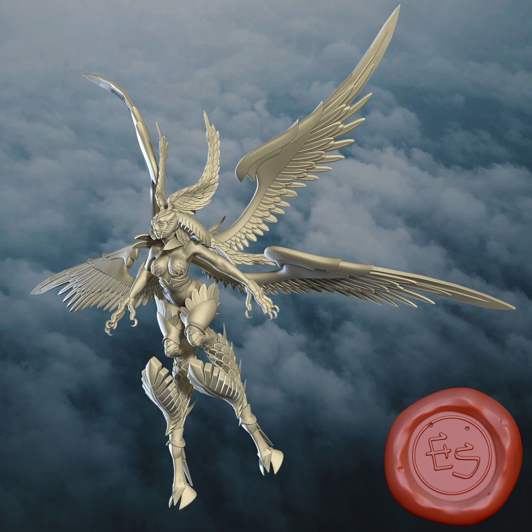 A statue of a person with wings and a seal

Description automatically generated
