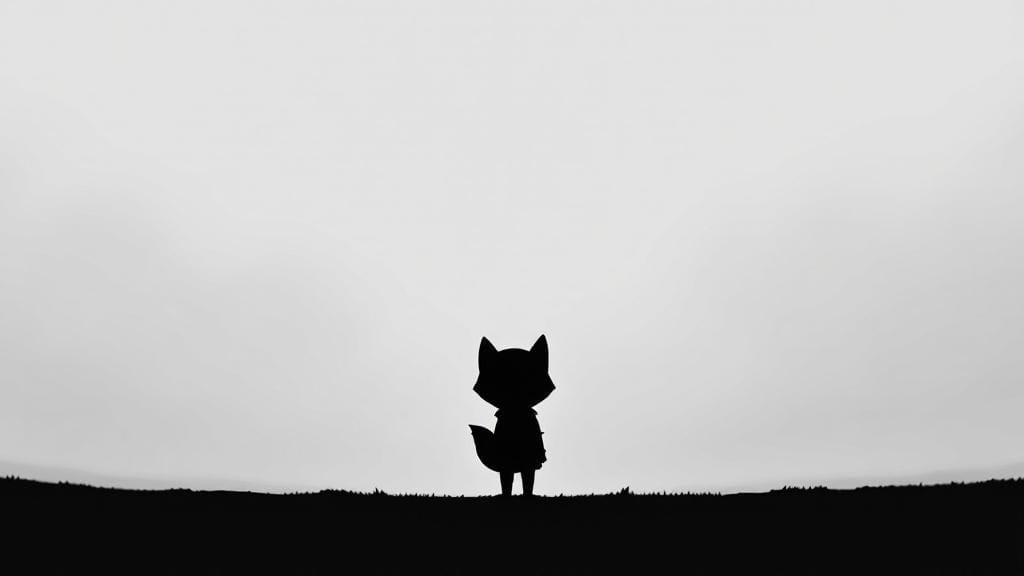 Silhouette of Shiro — a small bipedal armored fox spirit standing upright with a single tail