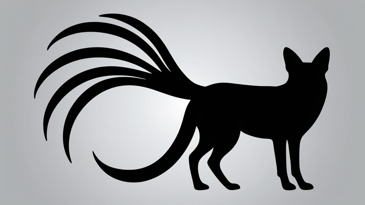 Silhouette of a four-legged kitsune with six tails fanned behind it