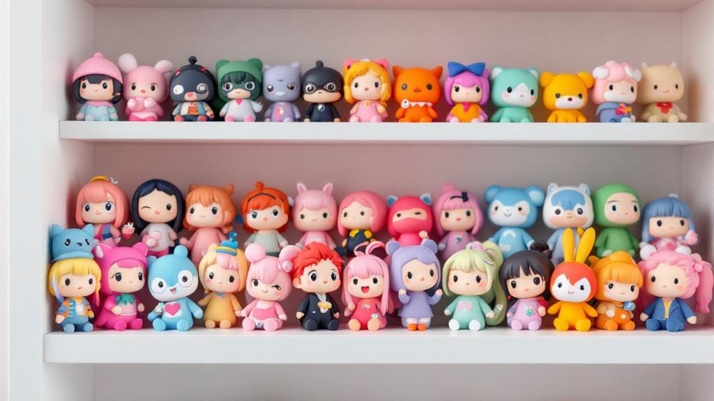 Colorful collection of 3D printed chibi kawaii anime character figures with big eyes and round proportions