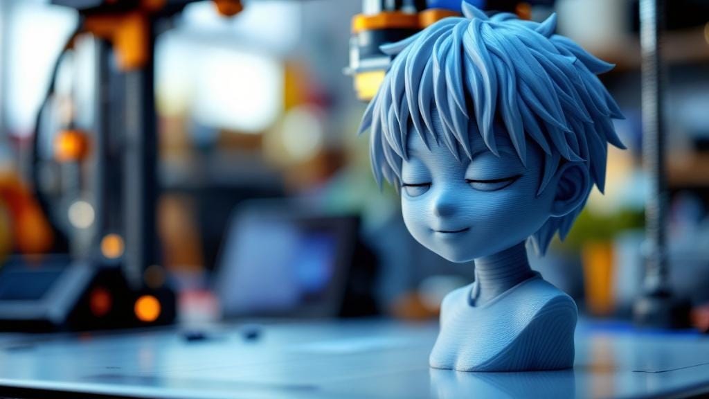 FDM 3D printer printing a detailed anime character figure with layer details visible