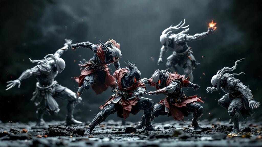 3D printed anime warrior figures in dramatic battle poses with detailed armor and weapons