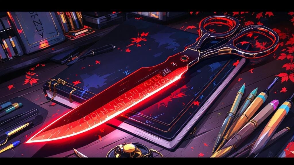 Unique anime weapons including a glowing notebook, oversized scissors, and parasol