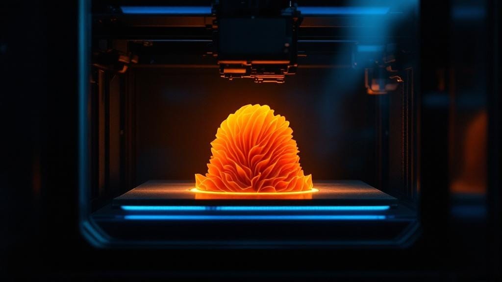 Interior of an enclosed heated 3D printer chamber with a print glowing on the build plate