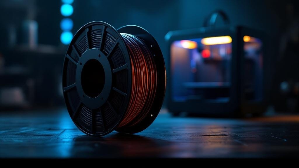 A filament spool in soft focus foreground with a 3D printer silhouette in the background connected by PTFE tubes