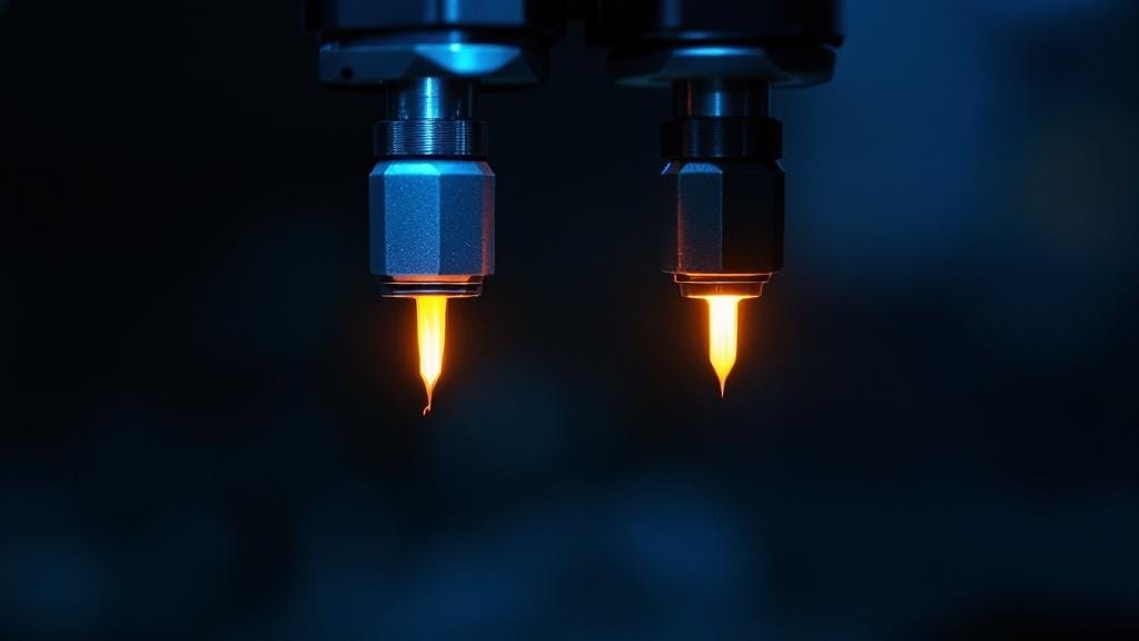 Macro photograph of two 3D printer hotend nozzles side by side with filament mid-extrusion