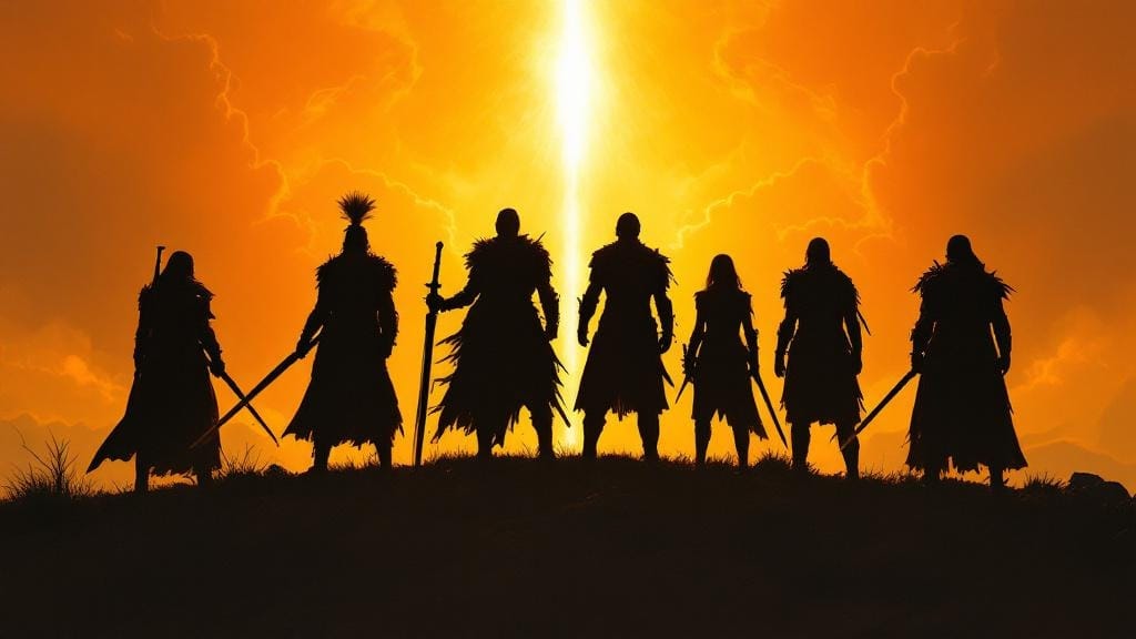 Six warrior silhouettes against a golden Erdtree sky